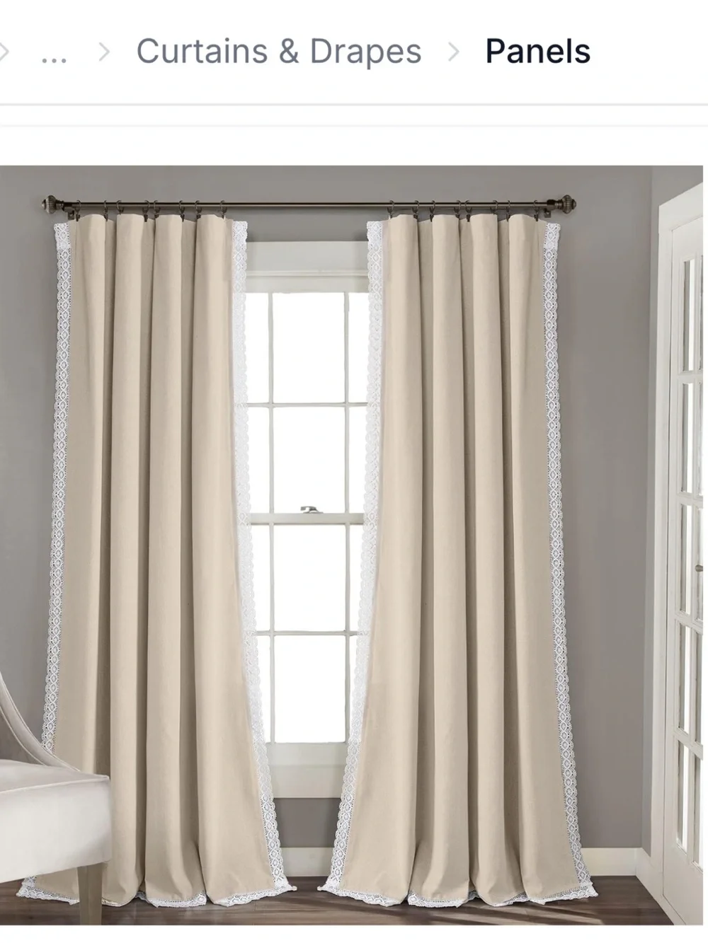 Pair Lush Decor Linen Look Beige Curtain Panels with White Lace Trim -NWT